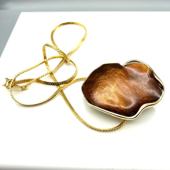Vintage Sarah Coventry Amber Petal Pendant Brooch, Brown Enamel Lilypad Gold - Picture 4 of 5